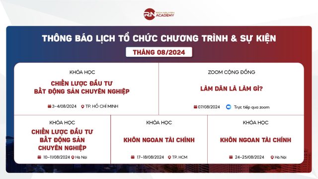 Lịch sự kiện khóa học tháng 8