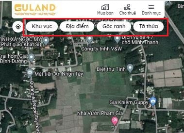 Nhấn chọn 1 trong 4 mục là “Khu vực”, “Địa điểm”, “Góc ranh” hoặc “Tờ thửa”